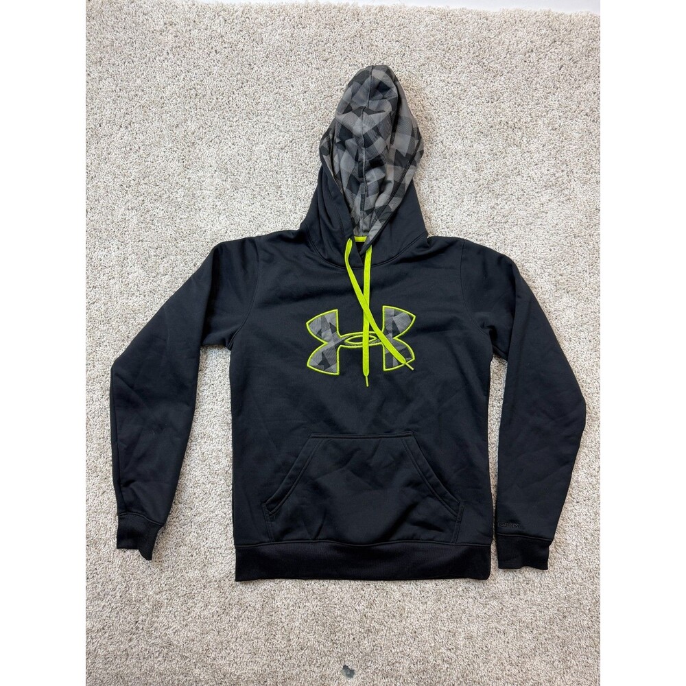 Under Armour UA Storm Mens Small Black Hoodie Plaid Logo Fleece Pullover